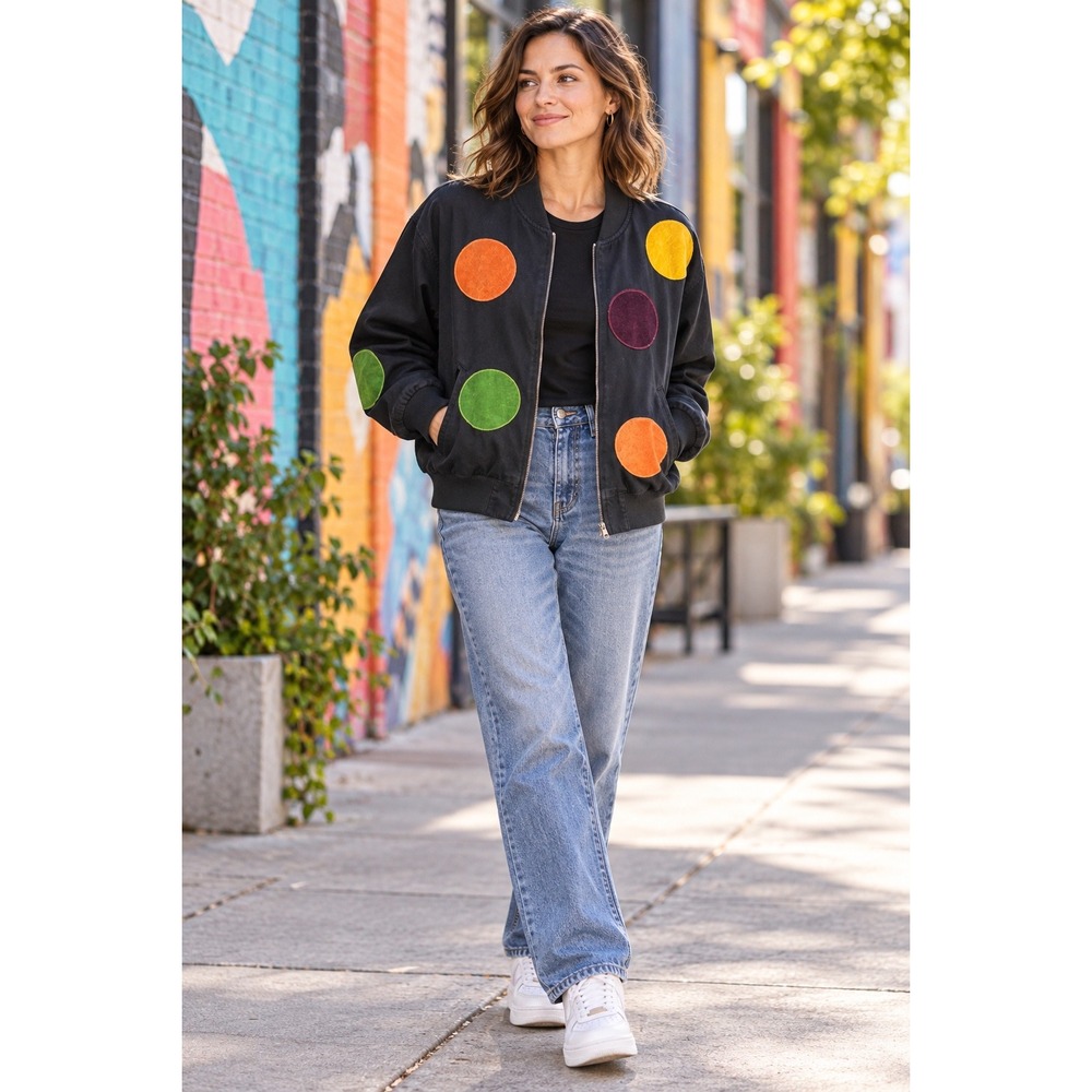 Vintage Esprit The Pinks Black Cotton Bomber Jacket Multi Color Polka Dot M